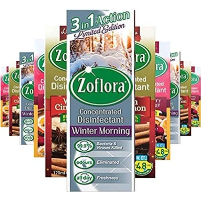 Image of Zoflora 6 X120ml WINTER ASSORTMENT * CONCENTRATED ANTIBACTERIAL DISINFECTANT 2 X WARM CINNAMON SPICE CRANBERRY AND ORANGE KILLS BACTERIA Bottle, household disinfectant, fresh products