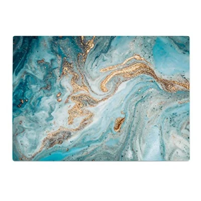 Image of Blue Teal White Gold Marble Kitchen Worktop Protector Saver Glass Chopping Board