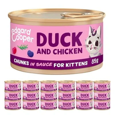 Image of Edgard Cooper wet cat food for kittens, (Duck &amp; Chicken, 18 x 85g tins), sterilized or active cats, grain Free, fresh meat with natural ingredients, no added sugar