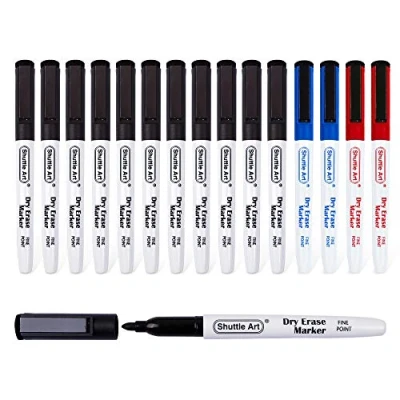 Image of Shuttle Art Magnetic Whiteboard Pens, 15 Pack 3 Assorted Colours,11 Black 2 Blue Red Markers, Fine Point Dry Wipe Markers for Whiteboards, Planner, Glass School Office