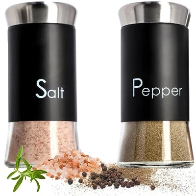 Image of KADAX Salt and Pepper Shakers 150 ml, Stainless Steel Glass Spice Dispensers with Airtight Lids, Refillable Condiment Set for Kitchen (Black)