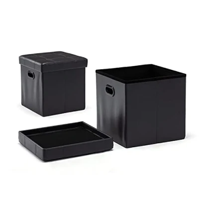 Image of HNNHOME Folding Storage Ottoman Footstool Box, Chest with Lid, Foldable Bench Seat for Living Room, Bedroom, Hallway (Dark Grey PU, 38 * 38)