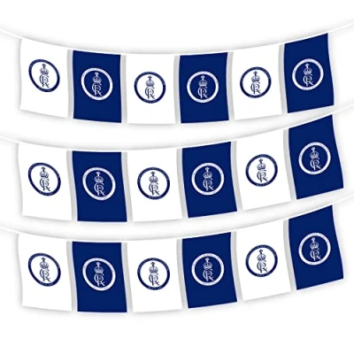 Image of 20m/66ft Bunting King Charles III Coronation His Majesty Cypher Blue White 48 Flags Celebration Banner Royal Family UK British Street Party Decoration