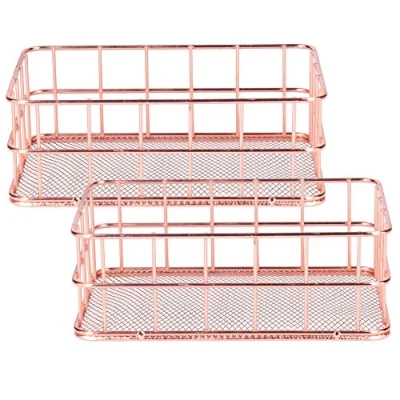 Image of Fdit 2Pcs Storage Basket, 17.2x12.2x6cm Rose Gold Iron Basket Stand Nordic Simple Wrought Desktop Organizer Container for Kitchen Cabinets, Pantry, Bathroom(S)