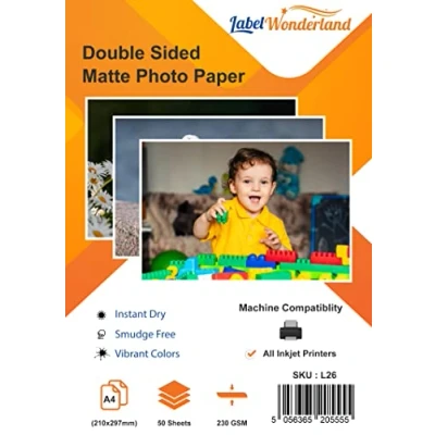 Image of Pack of 50 Matt Photo Paper A4 Double Sided (210 mm x 297 mm) 230 GSM for Printer Canon, HP, Epson LabelWonderland