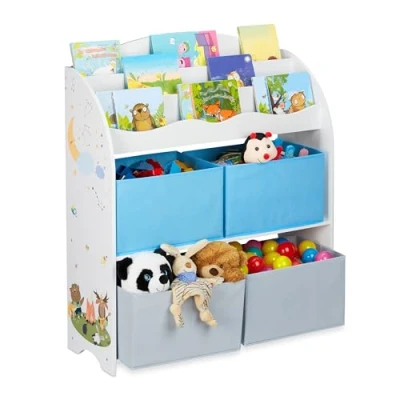 Image of Relaxdays Children&#039;s Shelf, Campfire Motif, 4 Boxes, Compartments for Books, Storage, Bookshelf, 74x71x23 cm, Colourful, Fibreboard