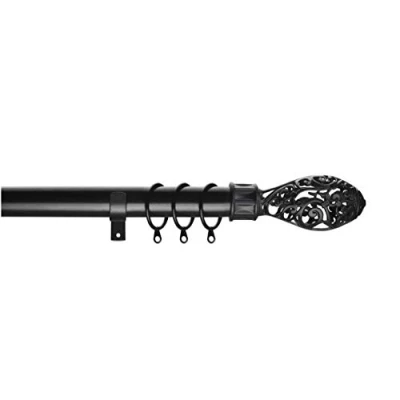Image of Home Harmony® Acorn Geo Finial Telescopic Extendable Curtain Pole set In Black or Silver and Matching Holdbacks Available (Black, 120 210 cm)