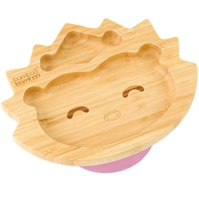 Image of Bamboo Baby Plate and Toddler Plate, Suction for Feeding Weaning, Hedgehog with Secure Suction, Plates Babies from 6 Months (Hedgehog, Pink)