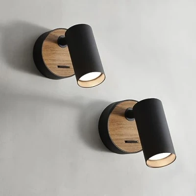 Image of ouglres Wall Lights for Bedrooms Black,Wood Sconce Light with Switch,Retro Spotlight Aluminum Lampshade Rotatable,2pcs Industrial Lamp Indoor Beside,Living Room,Hallway,Gu10