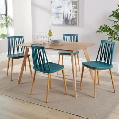 Image of Home Source Kitchen Dining Set 4 Teal Metal, 120cm Table, Wood, Chairs