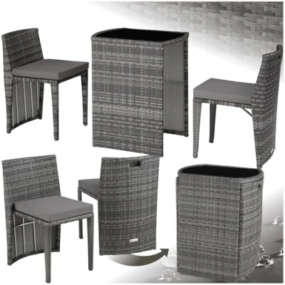 Image of TecTake® Garden Bistro Set, 2 Chairs &amp; 1 Table Outdoor Dining Furniture made of Rust Free Aluminium, Weather Resistant Polyrattan Water Repellent Cushions Unique Space Saving Design Grey