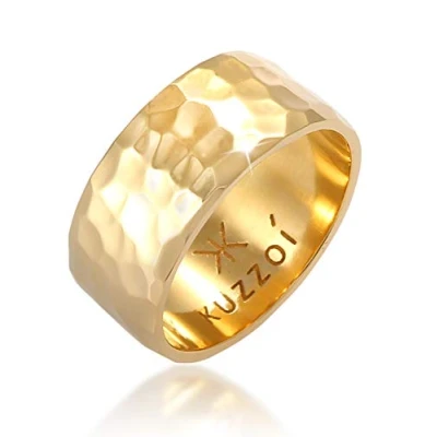 Image of Kuzzoi 0604972820 Men&#039;s Ring Gold Plated Hammered Design Band Solid 10 mm Wide in 925 Sterling Silver for Men Biker Look Size 60 66,
