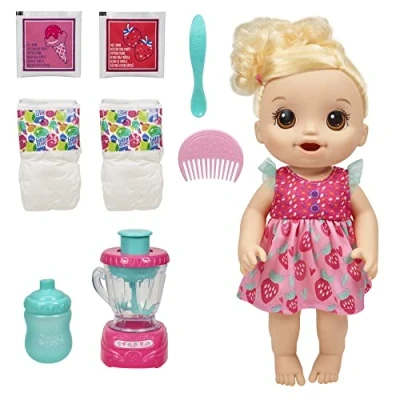 Image of Baby Alive Magical Mixer Doll Strawberry Shake with Blender Accessories, Drinks, Wets, Eats, Blonde Hair Toy for Children Aged 3 and Up