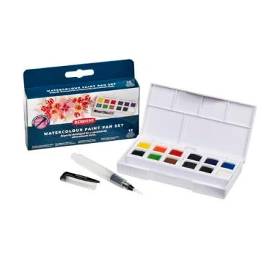 Image of Derwent Watercolour Paint Pan 12 Set, Set of 12, Half Size, Water Soluble, Ideal for Painting, Professional Quality, Travel 2306323