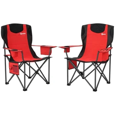 Image of Outsunny Set of 2 Folding Camping Chairs, Padded Chairs with Adjustable Armrests, Portable &amp; Lightweight Camp Chair Cooler Bag, Cup Holder and Side Pockets, Red