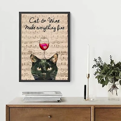 Image of Buywell Cat &amp; Wine Make Everything Fine Sheet Music Poster, Drinking Poster Decor Wall Art Tin Sign Metal 8X12 Inches