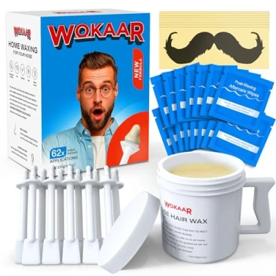 Image of Wokaar Nose Waxing kit for Men, New 120gm Hypoallergenic Wax, 30 Applicators, &amp; Ear Hair Women, Sanitary Easy Nostril Kit. 15 Post Balm Wipes, Mustache Guards