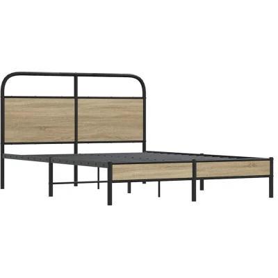 Image of vidaXL double bed frame smoked oak wood &amp; steel with headboard/slatted base for bedroom 196x142x100 cm