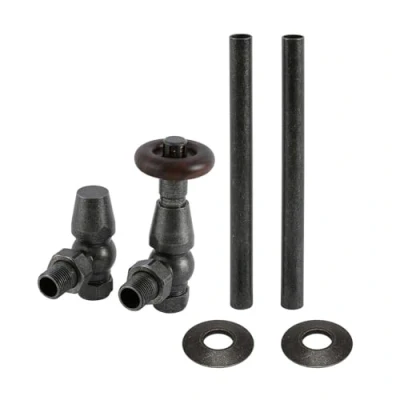 Image of Milano Windsor Traditional Pewter Angled Radiator Heated Towel Rail Thermostatic Lockshield Valve and Pipe Connector Kit