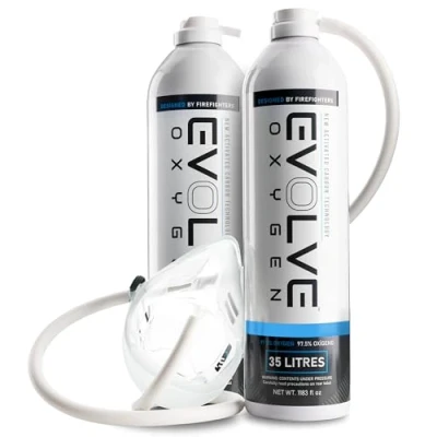 Image of EVOLVE 35 Litre Pure Oxygen Canister with Mask and Tube Portable Can Ideal for Home Use Outdoor Activities Designed by Firefighters Made in Britain Pack of 2