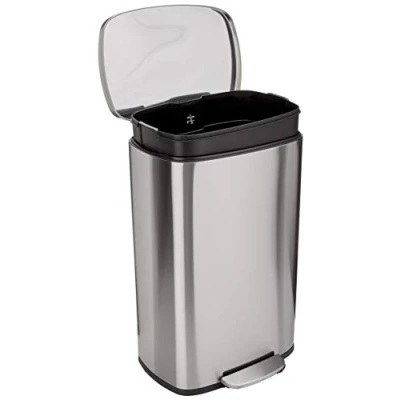 Image of Amazon Basics Rectangular Kitchen Bin With Steel Bar Pedal, Soft Closing Mechanism For Home and Office Use, 50 Liter/13.2 Gallon, Satin Nickel Finish