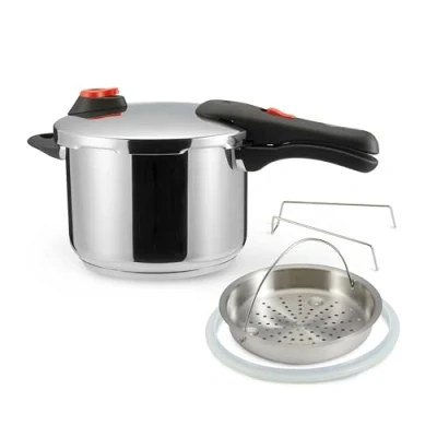 Image of Amazon Basics Stainless Steel Pressure Cooker with Steamer, 6 Litre, Silver