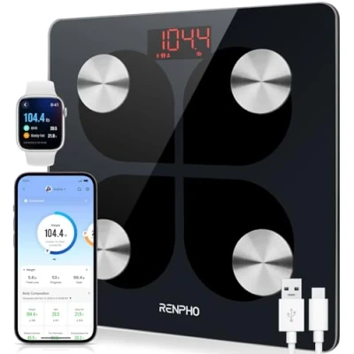 Image of RENPHO USB Rechargeable Scales for Body Weight, Bathroom Weighing Bluetooth Scale with Baby Mode, Composition Monitor Fat, BMI, Muscle Mass, LED Display, Elis 1