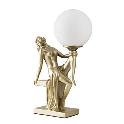 Image of MiniSun Matt Gold Art Deco Table Lamp with a White Opal Glass Globe Shade