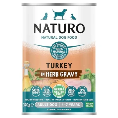 Image of Naturo Grain &amp; Glutem Free Adult Dog Food with Turkey, Cranberries, Broccoli and Carrots in Herbal Sauce Pack of 12 x 390g Total 4650g
