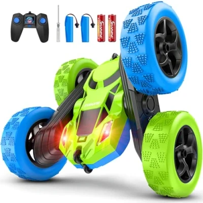 Image of cosone Remote Control Cars, RC Cars with Headlights 2.4GHZ Car Toys, 4WD Off Road Stunt Double Sided 360 Rotating, Birthday Gifts for Boys Age 6+ Years Old (Blue Green)