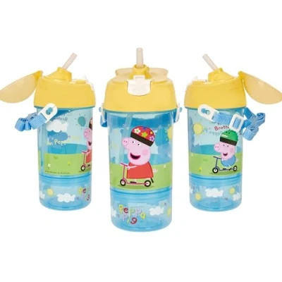Image of Peppa Pig Snack &amp; Sip Water Bottle Pot Reusable Kids 400ml PP Canteen with Straw Official Merchandise by Polar Gear BPA Free Recyclable School Nursery Sports Picnic