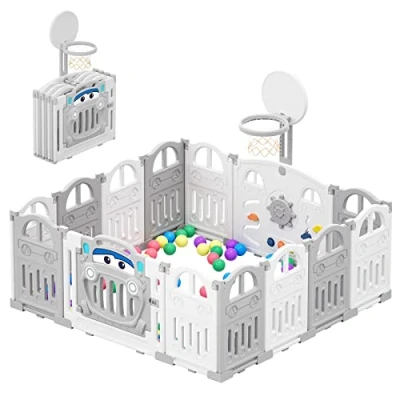 Image of UBRAVOO Foldable Baby Playpen with Mini Basketball Hoop &amp; 50Pcs Coloured Pit Balls, Car Theme for and Toddlers, Large Fun Indoor Activity Centre (14 Panel, Grey White)