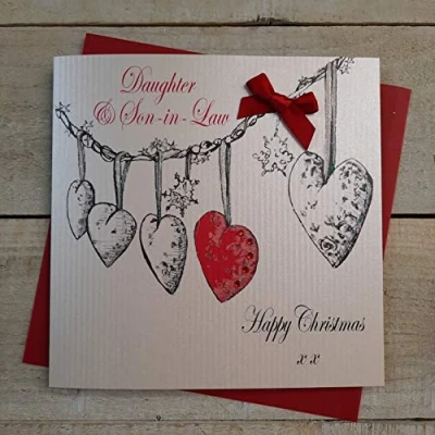 Image of white cotton cards Daughter &amp; Son in Law Happy, Handmade Christmas Card (Heart Garland, Code EX655)