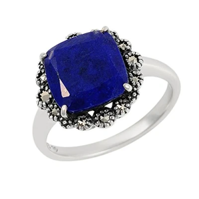 Image of Esse Marcasite Sterling Silver Square Cushion Cut 3ct Lapis Lazuli and Ring Size N
