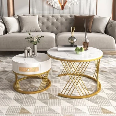 Image of Merax 2 in 1 Round Coffee Table made of MDF, Rattan Drawers, Solid Wood Handles, Nest Tables for Living Room, White+Gold