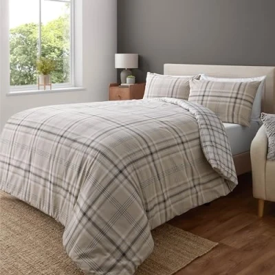 Image of Catherine Lansfield Kelso Check Reversible King Duvet Cover Set with Pillowcase Natural