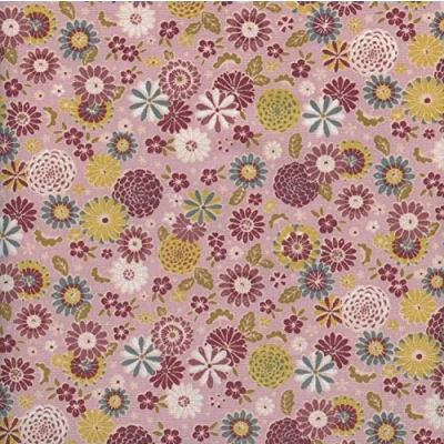 Image of Textiles français JAPANESE FLORAL fabric red, mustard yellow, grey, olive green and white on pink base cloth 100% Cotton Print 160 cm (63 inches) wide Per half metre length increment*