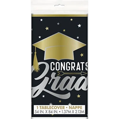 Image of Unique 24873 Plastic Tablecloth 2.13 m x 1.37 Stars &amp; Caps Graduation Party, Multicolour