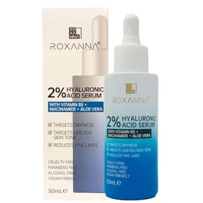 Image of Roxanna 2% Hyaluronic Acid Face Serum 50ml, with Vitamin B5, Niacinamde, Aloe Vera Plumps, Softens &amp; Hydrates Skin, Targets Dryness, Fine Lines, Uneven Skin