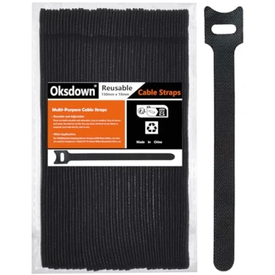 Image of Oksdown Cable Tie Reusable Black 50 Pack Straps Adjustable Releasable Extension Hook and Loop Tidy Wraps for Headphones HDMI Ethernet Printers Laptops USB Data Cables