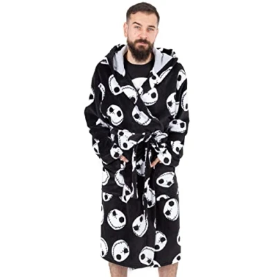 Image of Disney The Nightmare Before Christmas Dressing Gown For Men Adults Jack Skellington Pocket Black Bathrobe Tim Burton Movie Pjs Robe
