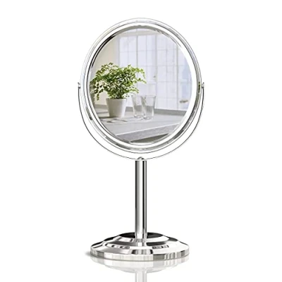 Image of PINKZIO Tabletop Makeup Mirror, Two Sided 1X &amp; 3X Magnifying Magnified Vanity Mirror with 360 Degree Swivel for Bathroom or Bedroom, Chrome Finish, Silver