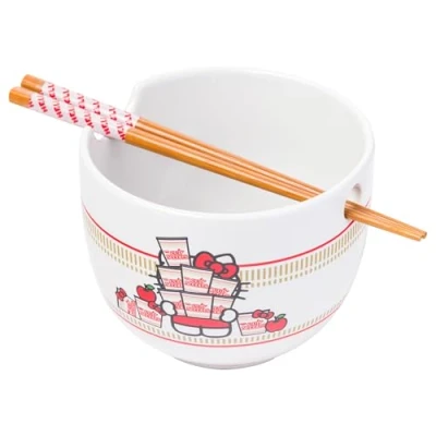Image of Silver Buffalo Hello Kitty Nissin Ceramic Ramen Bowl with Chopsticks, 20 Ounces