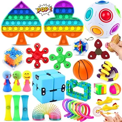 Image of Chennyfun Rainbow Fidget Toy Set, 30 Pcs Sensory Toys for Autism ADHD, Stress Reliever with Box Push It Toy, Infinite Cube, Ball Anti anxiety Birthday Gift Teen Children Adult