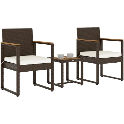 Image of Outsunny 3 Piece Rattan Bistro Set, Patio Table and Chairs Set with Removable Cushions, Conversation Acacia Wood &amp; Adjustable Foot Pads for Garden Balcony, White