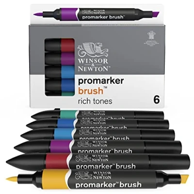 Image of Winsor &amp; Newton, Promarker Brush, Rich Tones, Set of 6, Alcohol Based Dual Tip Markers