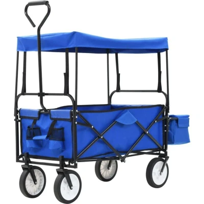 Image of vidaXL Folding Hand Trolley/Transport Cart with Canopy, Steel Frame &amp; 600D Oxford Fabric, 75 kg Load, Swivel Wheels Blue