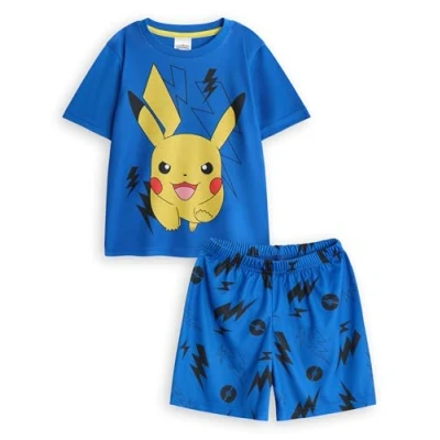 Image of Pokemon Pikachu Boys 2 Piece Pyjama Set Childrens All Over Print Short Leg Bottoms &amp; Sleeve Night Top in Blue Character Lightning Bolts Graphic PJs Cartoon Merchandise Gift