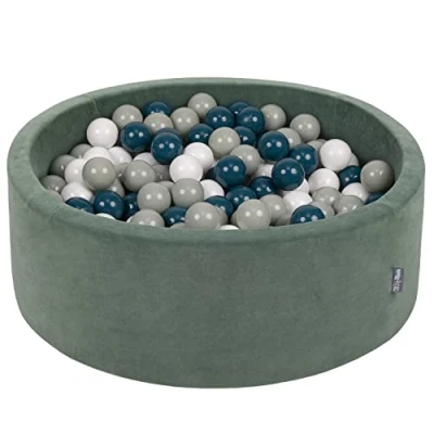 Image of KiddyMoon Soft Ball Pit Round 90X30cm/200 Balls ∅ 7Cm / 2.75In For Kids, Foam Velvet Pool Baby Playballs, Made In EU, Forest Green:Dark Turquoise/Green Grey/White