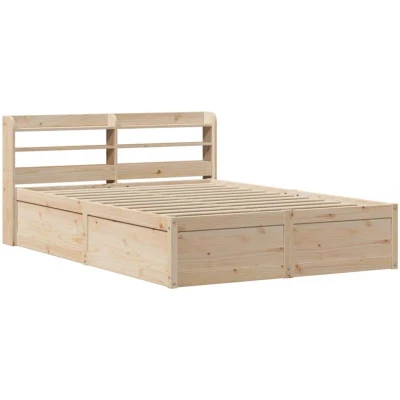 Image of vidaXL Double Bed Frame with Headboard &amp; Shelves 140x190 cm Solid Pine Wood/Plywood Slats Storage Bedroom Furniture